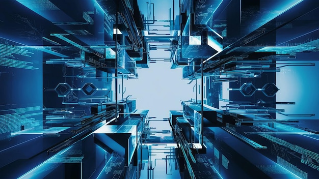 Абстрактный синий фон в технологическом мотиве Геометрический рисунок строгие прямые линии элементы цифрового кода части микросхем в футуристическом стиле Hitech поверхностный баннер ИИ иллюстрация