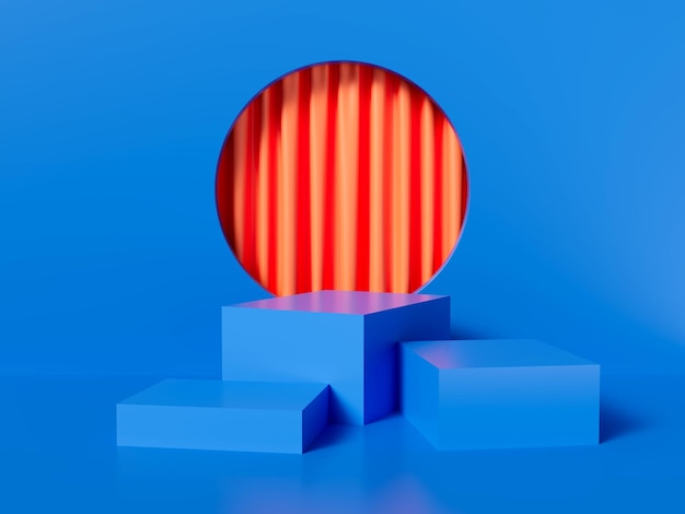 Abstract blue background with 3 pallets on the back with orange curtain circle slots 3D Scene