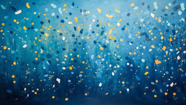 Abstract blue background with colorful bokeh and falling confetti