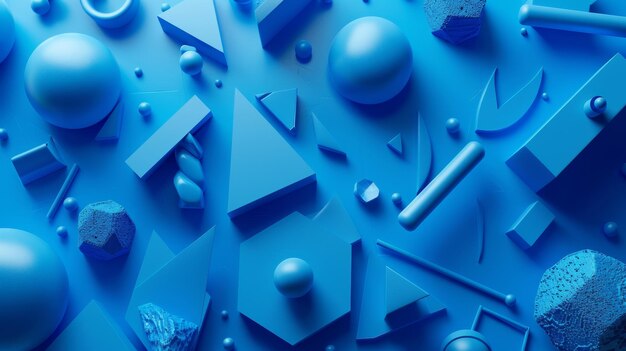 An abstract blue background with geometric shapes in 3D