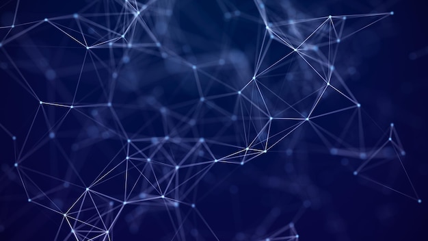 Abstract blue background with moving dots and lines The structure of network connections 3D rendering