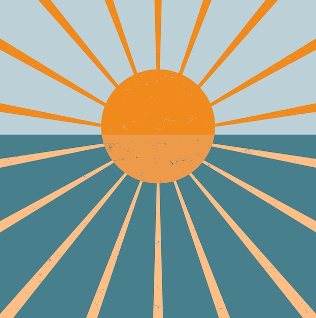 abstract blue background with orange sun and rays vintage and shabby backdrop