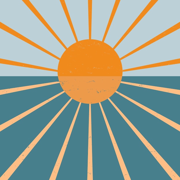 Photo abstract blue background with orange sun and rays vintage and shabby backdrop