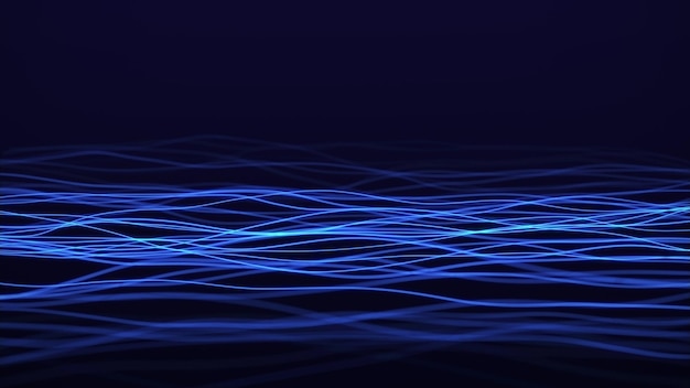 Photo abstract blue background with wave flow of particles digital optical fiber technologies illustration of a network connection big data flow 3d rendering