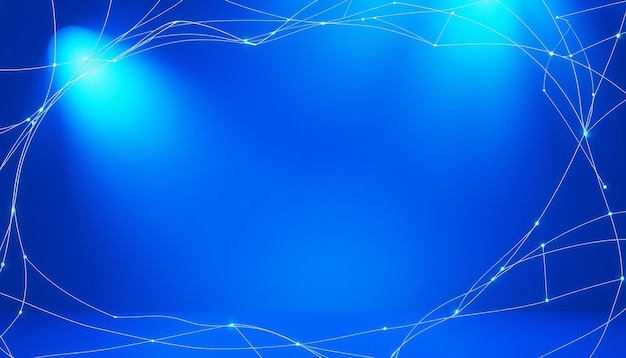 abstract blue background with white lines and glowing dots forming a frame