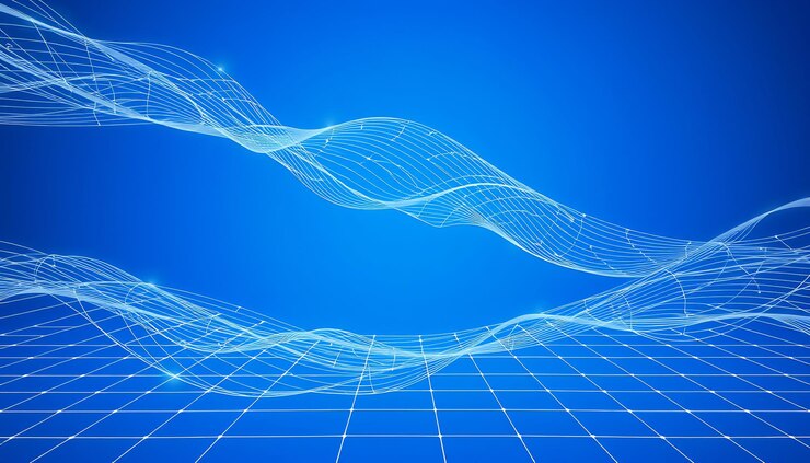 Abstract blue background with white wavy lines and grid