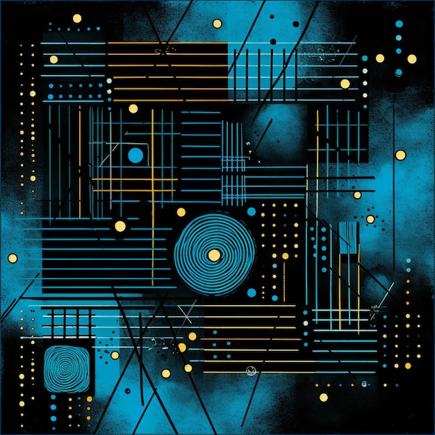 abstract blue and black background with geometric lines and dots