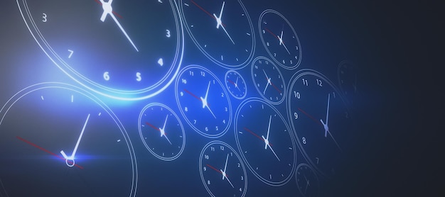 Abstract blue clock background Time management concept 3D Rendering