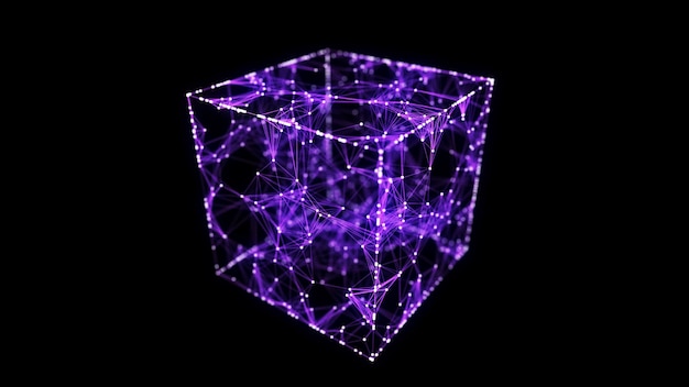 Photo abstract blue cube on black background wireframe square structure with glowing particles and lines futuristic digital illustration 3d rendering