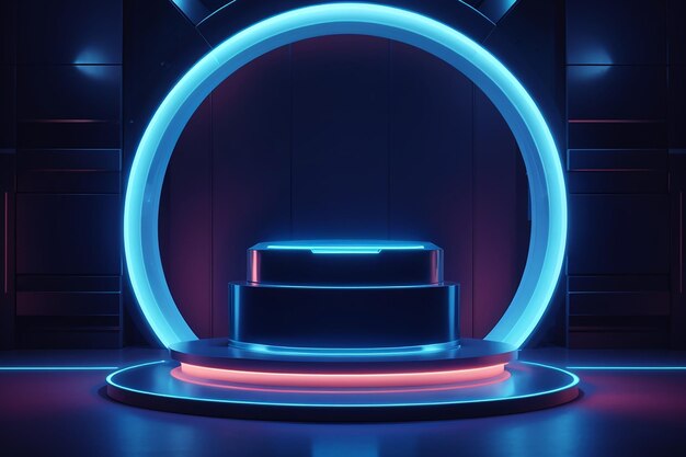 Abstract blue cylinder pedestal podium in scifi abstract room with circle neon lamp lighting