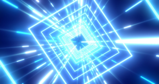 Abstract blue energy futuristic hitech square tunnel of flying lines neon magic glowing background