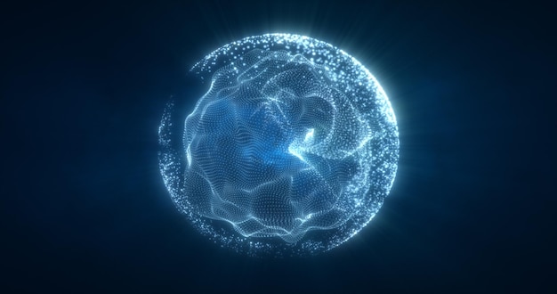 Abstract blue energy sphere from particles and waves of magical glowing on a dark background