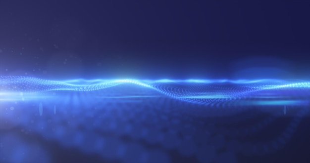 Abstract blue energy surface with magic waves from particles and dots with blur and glow effect