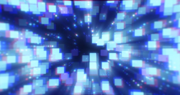 Фото Абстрактные синие футуристические высокотехнологичные частицы энергии, точки и квадраты, волшебный яркий светящийся фон