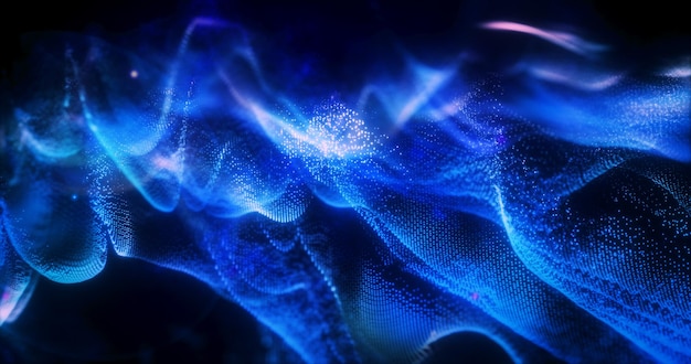 Abstract blue futuristic landscape of particles and dots of energetic magic with glow and blur