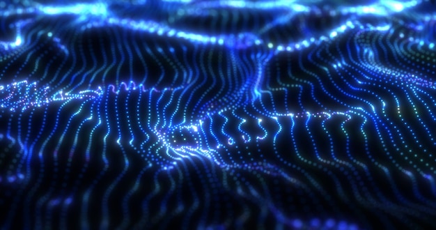 Abstract blue futuristic waves from a grid of particles lines glowing bright shiny neon digital