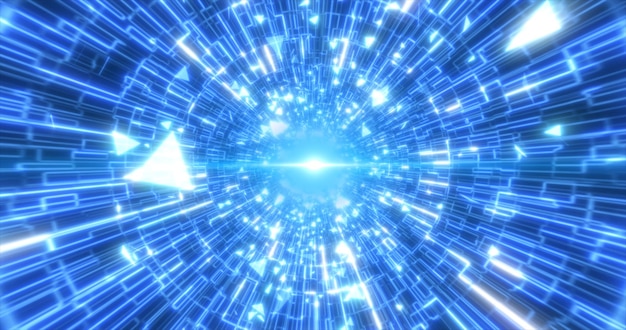 抽象的な青く光るネオン レーザー トンネル未来的なハイテック エネルギー ラインと空飛ぶ破片