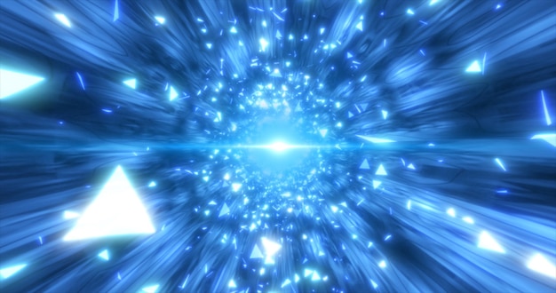 エネルギー ラインと飛んでいる粒子の破片を持つ抽象的な青い光るトンネル未来的なハイテック