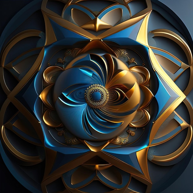 Abstract blue and gold fractal shapes on a dark background Digital fractal art 3d rendering