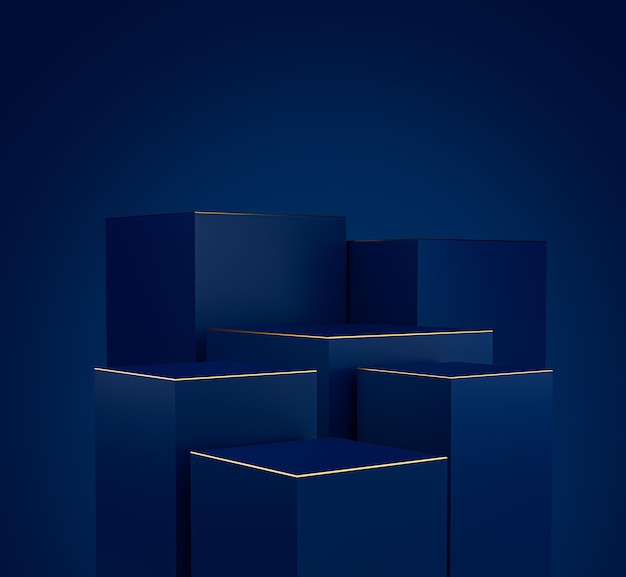 Abstract blue and gold geometric podiums luxury concept background 3d illustration