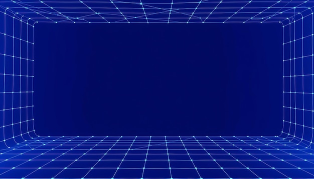 輝く線と点を持つ抽象的な青いグリッド