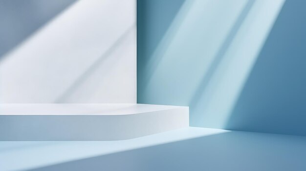 Abstract blue interior blank wall with white floor and sunlight