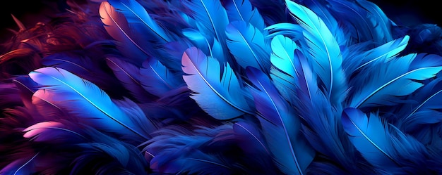 Abstract blue and magenta neon glowing digital feather texture background