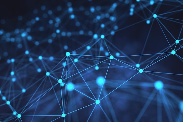 Abstract blue network connections on a dark backdrop symbolizing technology and data communication digital concept 3D Rendering