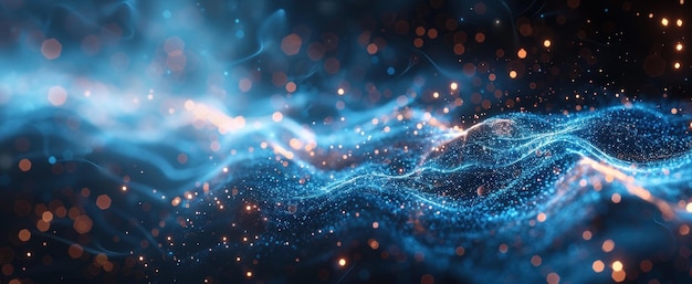abstract blue and orange wave with glowing particles