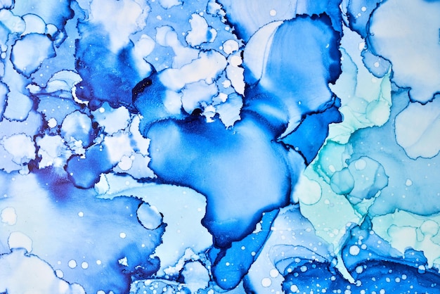 Abstract blue paint background. Water bubbles drops stains splashes texture pattern