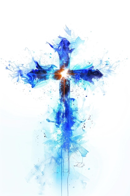 Photo abstract blue paint splatter cross on white background suitable for religious themes