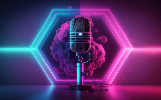 Abstract blue pink neon banner with microphone wallpaper design