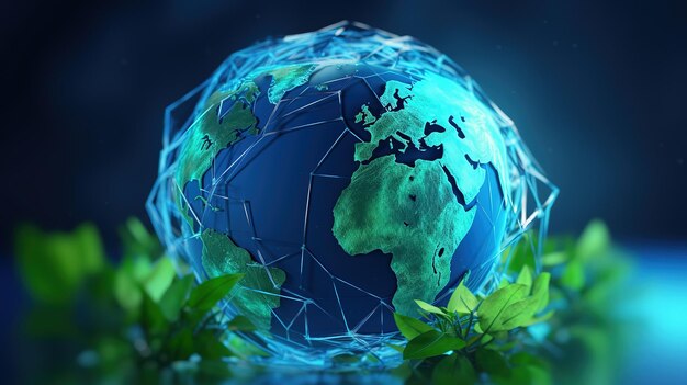 Abstract blue planet Earth with green plant sprout over itLowpoly style Abstract neon frame style Generative AI