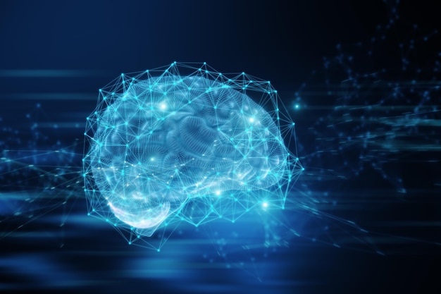 흐릿한 배경 AI 및 기계 학습 개념 3D 렌더링의 추상 파란색 다각형 뇌 홀로그램