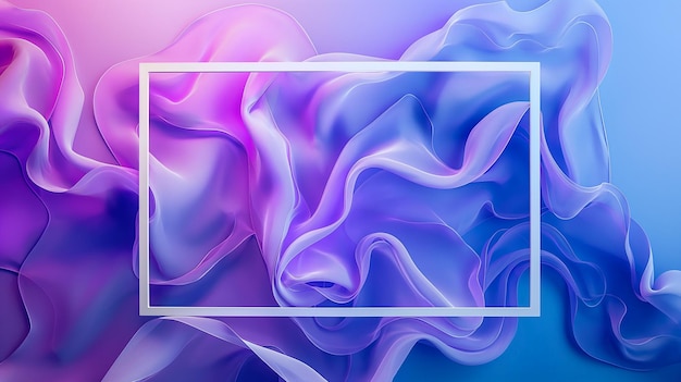 Abstract blue and purple swirling waves with a white square frame translucent fabric background