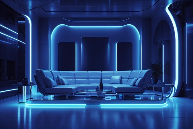 Abstract blue room interior with blue neon lamps futuristic architecture background