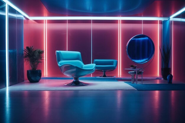 abstract blue room interior with blue neon lamps futuristic architecture background