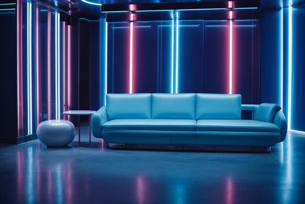 abstract blue room interior with blue neon lamps futuristic architecture background