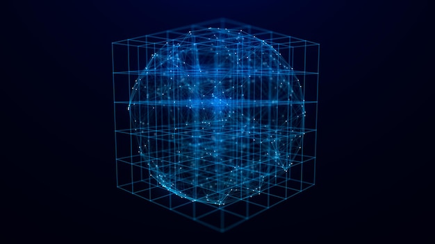 Abstract blue scifi cube with particle and line and sphere inside Technology network connection on world Global digital connections ai Wireframe cube Blockchain encryption 3D rendering