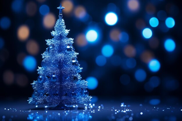 Foto abstract albero di natale blu luccicante con concetto di tecnologia di sfondo bokeh