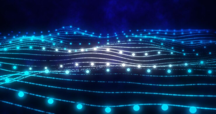 Photo abstract blue shiny glowing lines rays of energy and magical waves from particles and dots abstract