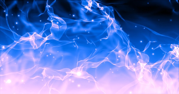 Abstract blue smoke flies in waves and flying particles are bright glowing with a blur effect