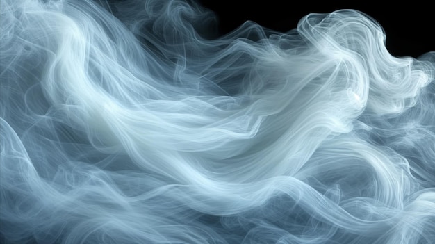 芸術的なデザインのための黒い背景に抽象的な青い煙が渦巻く