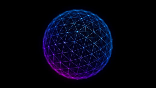 abstract blue sphere on black background wireframe circle structure with glowing particles and lines futuristic digital illustration 3d rendering