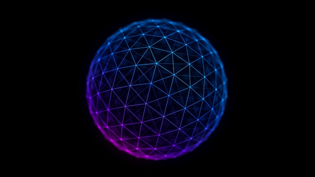 Photo abstract blue sphere on black background wireframe circle structure with glowing particles and lines futuristic digital illustration 3d rendering