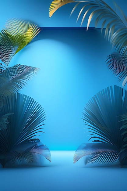 Abstract blue studio background for product presentation empty 3d room with shadows of palm leaves