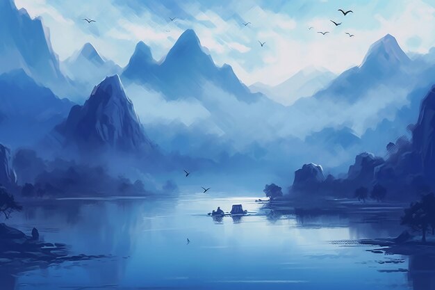 산과 새의 추상적인 파란색 수채화 그림 AI 생성