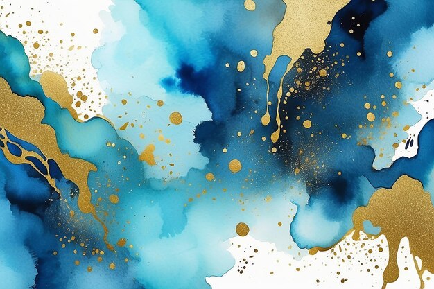 Abstract blue watercolor with gold glitter background