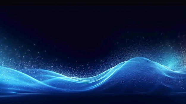 Abstract blue wave with glowing particles on dark background