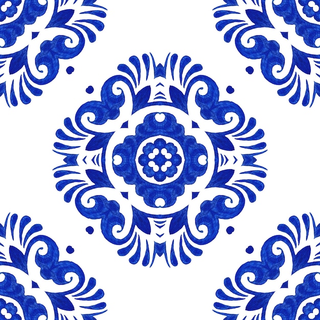 Abstract blue and white hand drawn textured tile seamless ornamental watercolor pattern.
